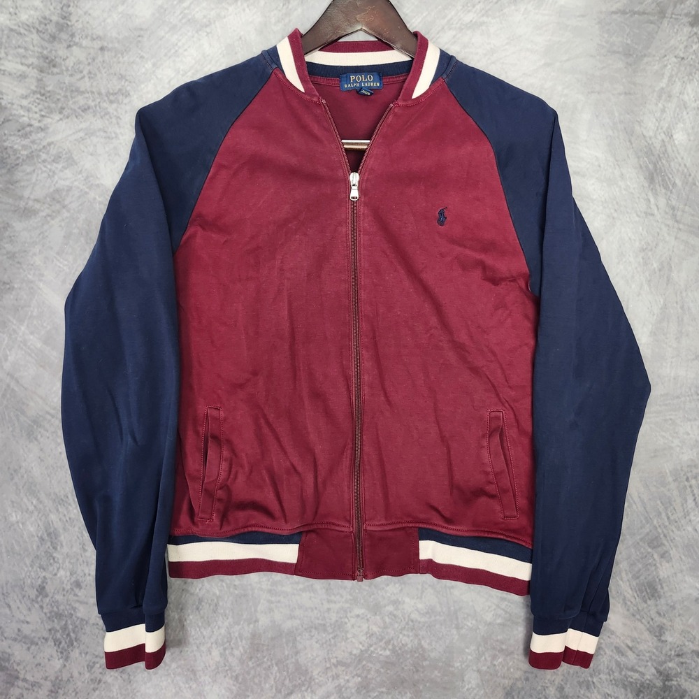 Polo Ralph Lauren Boys XL Varsity Jacket Burgundy Navy Cotton Fits Mens S
